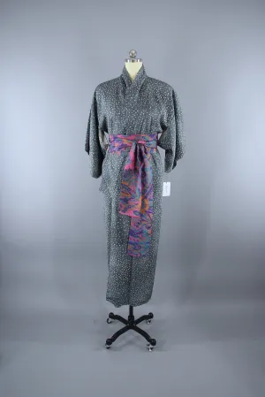 1950s Vintage Silk Kimono Robe / Grey Green GINGKO Leaves Novelty Print