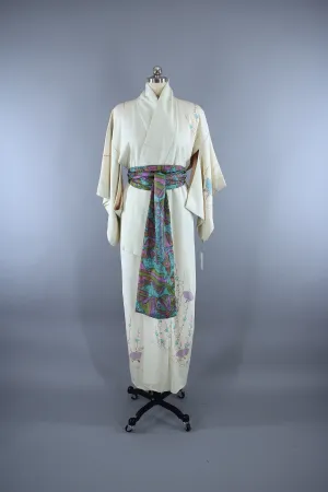 1950s Vintage Silk Kimono Robe / Ivory Lavender Fans Floral