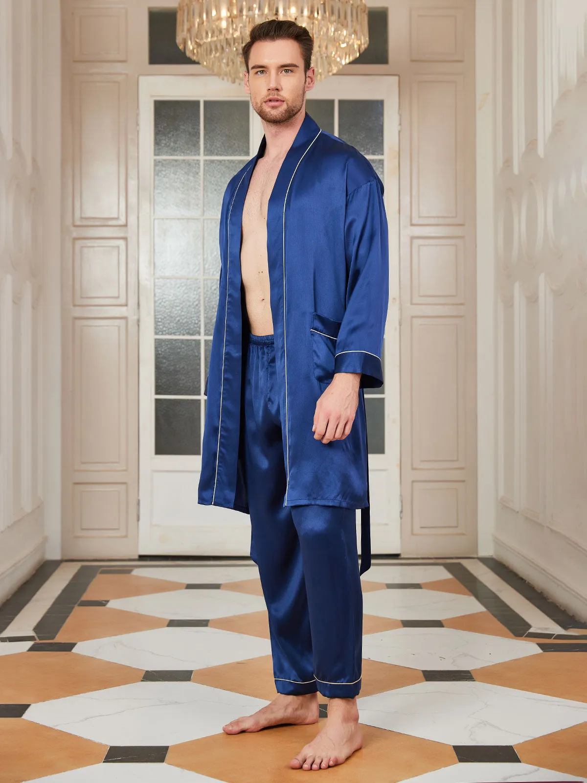 2Pcs Pure Silk Belted Robe & Pants Set