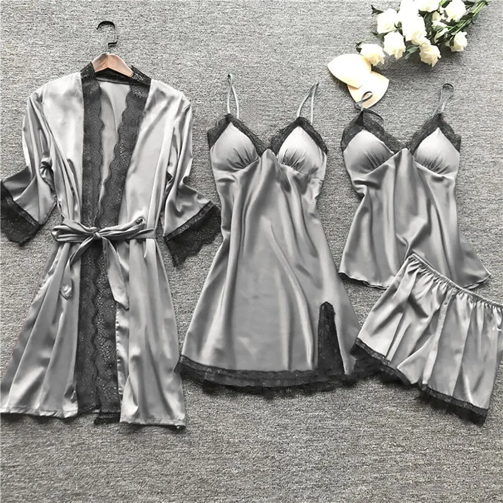 4 Pieces 2021 Women Pajamas Sets Satin Sleepwear Silk Nightwear Pyjama Soild Strap Lace Sleep Lounge Pijama With Chest Pads