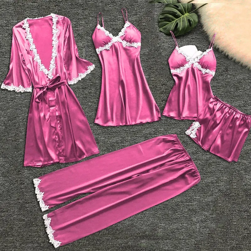 4 Pieces 2021 Women Pajamas Sets Satin Sleepwear Silk Nightwear Pyjama Soild Strap Lace Sleep Lounge Pijama With Chest Pads