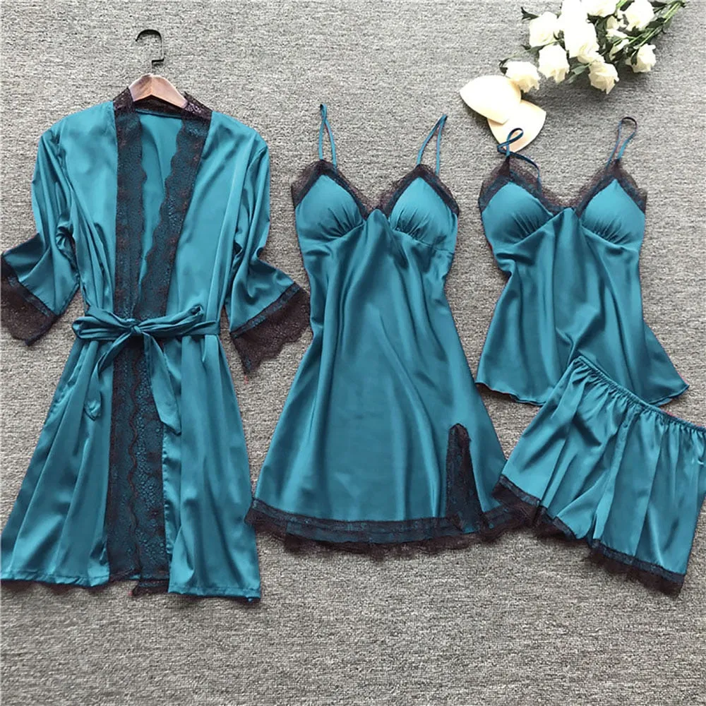 4 Pieces 2021 Women Pajamas Sets Satin Sleepwear Silk Nightwear Pyjama Soild Strap Lace Sleep Lounge Pijama With Chest Pads