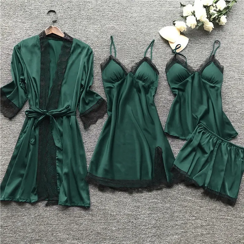 4 Pieces 2021 Women Pajamas Sets Satin Sleepwear Silk Nightwear Pyjama Soild Strap Lace Sleep Lounge Pijama With Chest Pads