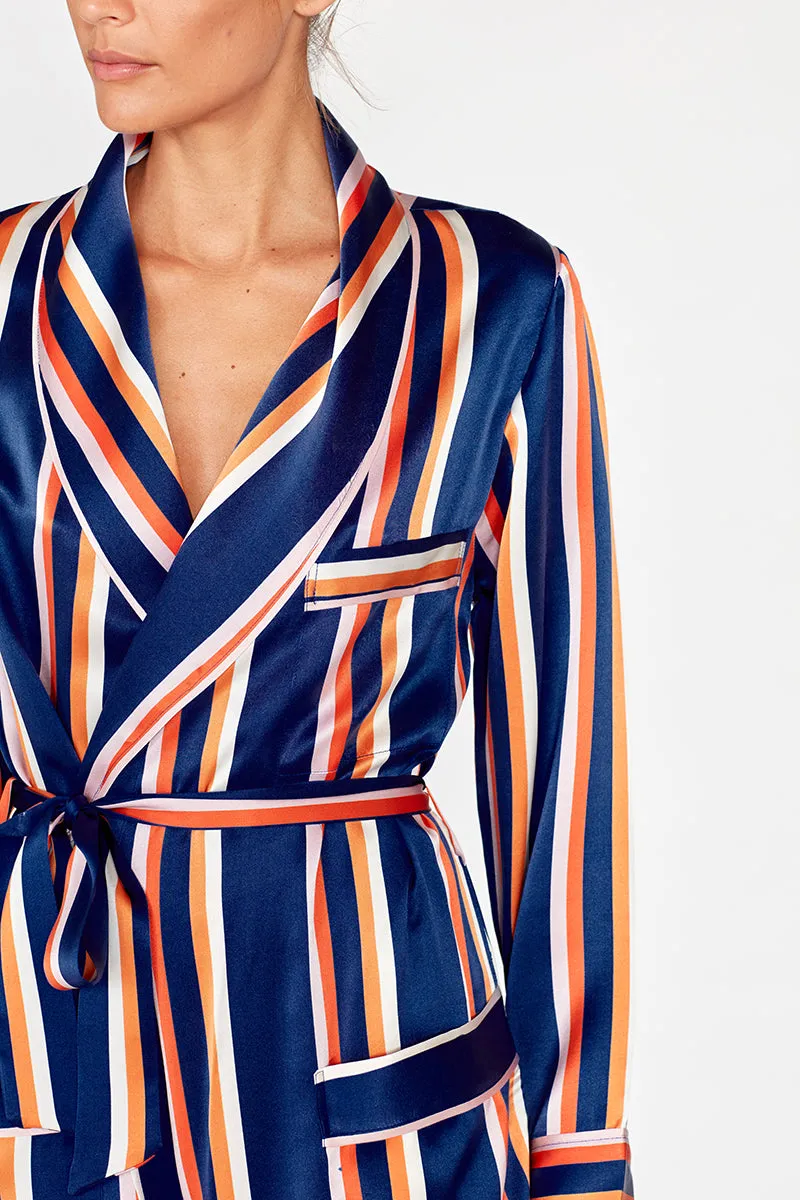 Ainsley Classic Long Navy Striped Silk Robe