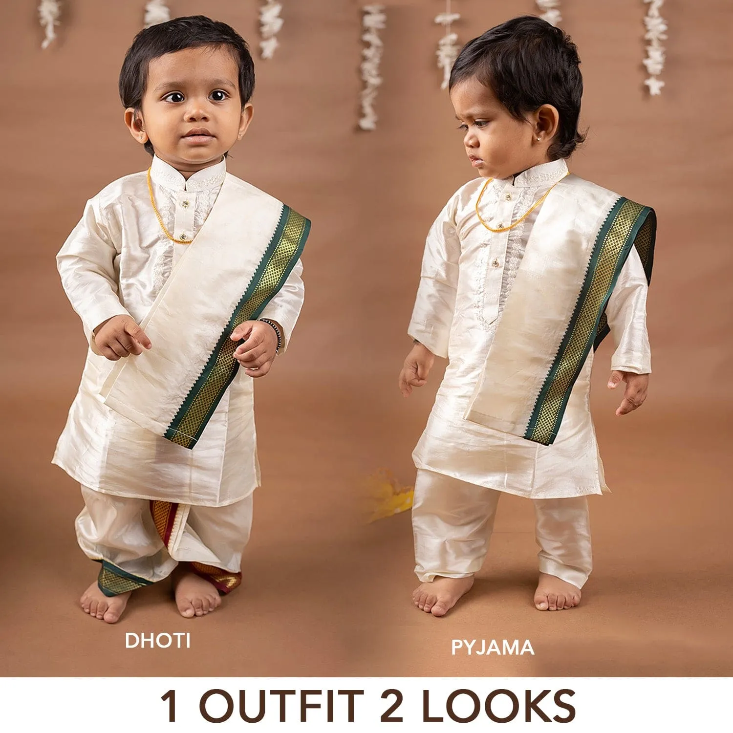 Baby Moo x Kurta Co. Traditional Dhoti Khandwa Kurta Set | Pure Pattu Silk With MLA Border | Premium Plastic Gift Box 6pcs - Cream