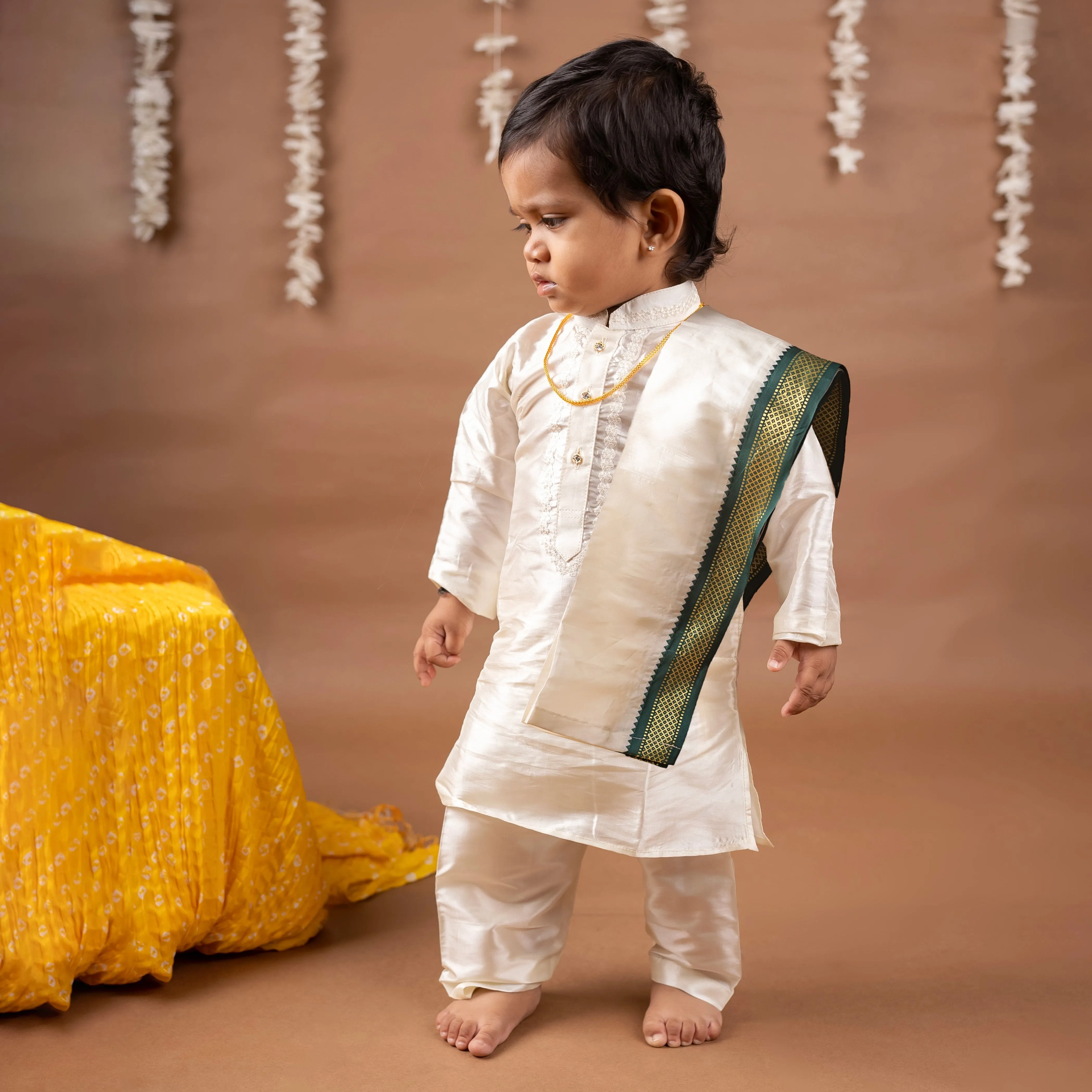 Baby Moo x Kurta Co. Traditional Dhoti Khandwa Kurta Set | Pure Pattu Silk With MLA Border | Premium Plastic Gift Box 6pcs - Cream