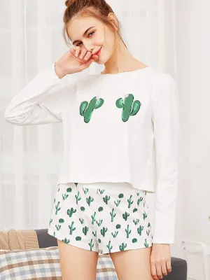 Cactus Print Tee And Shorts Pajama Set