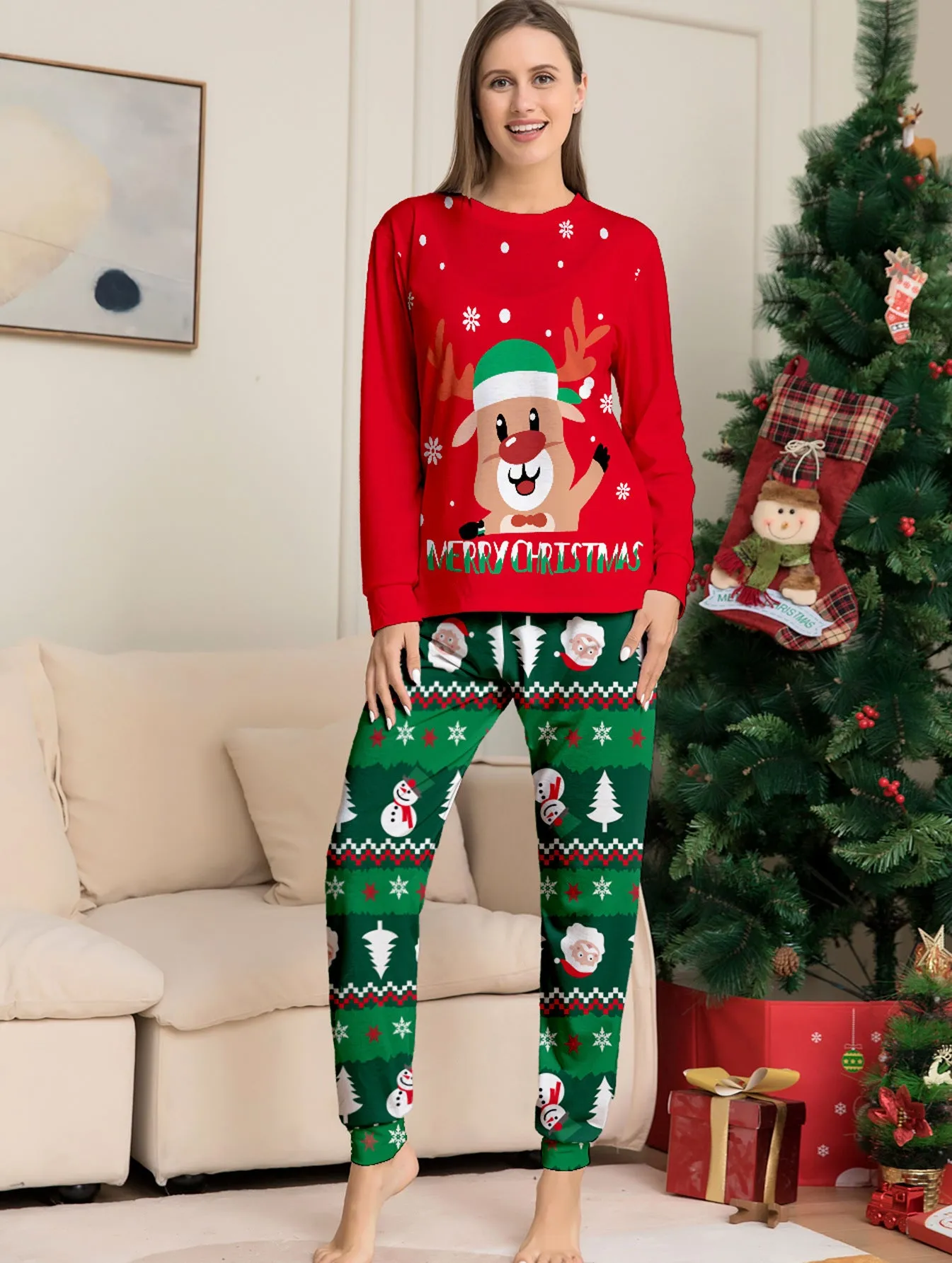 Cartoon Fawn Snowman Christmas Printed Parent-Child Pajama Set