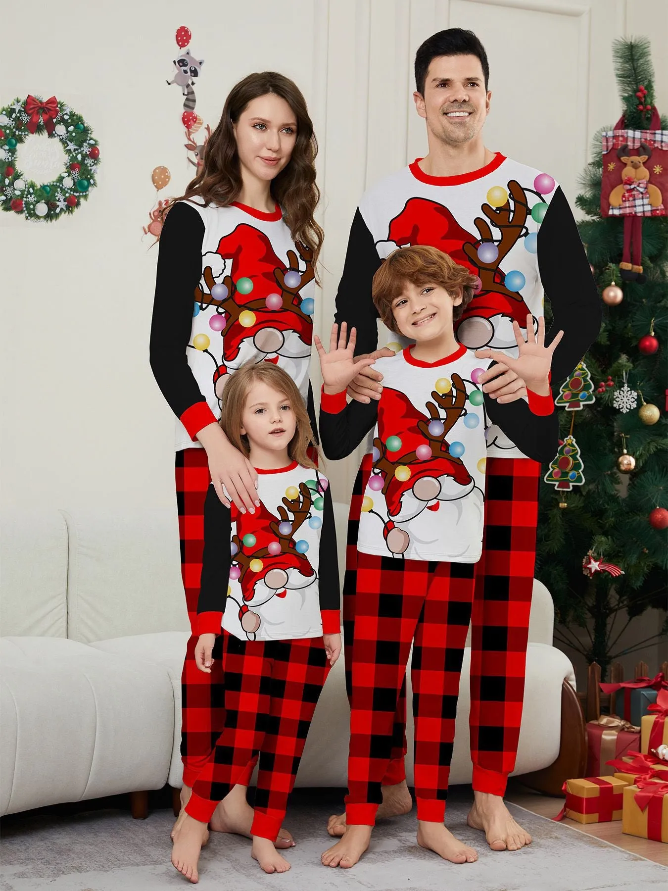 Colorful Lights White Bearded Santa Family Pajama Set