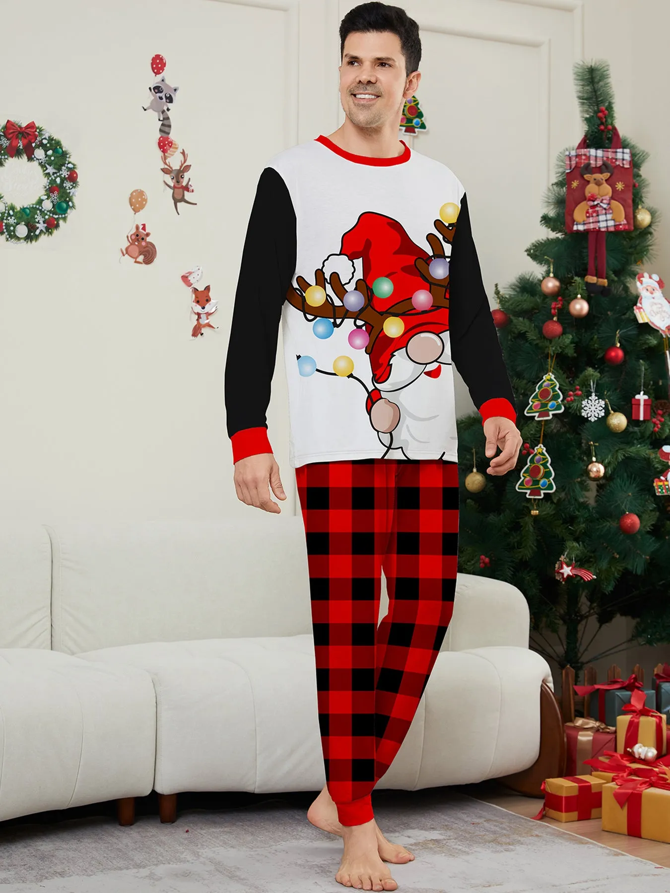 Colorful Lights White Bearded Santa Family Pajama Set