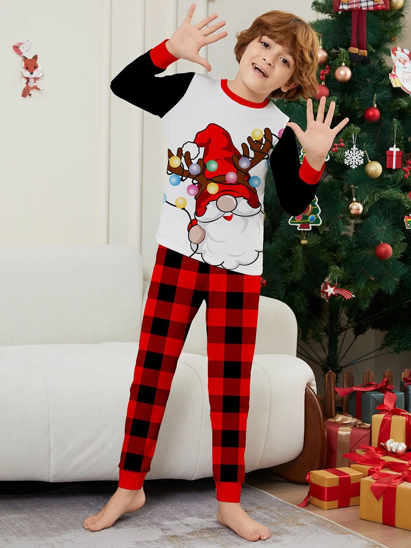 Colorful Lights White Bearded Santa Family Pajama Set