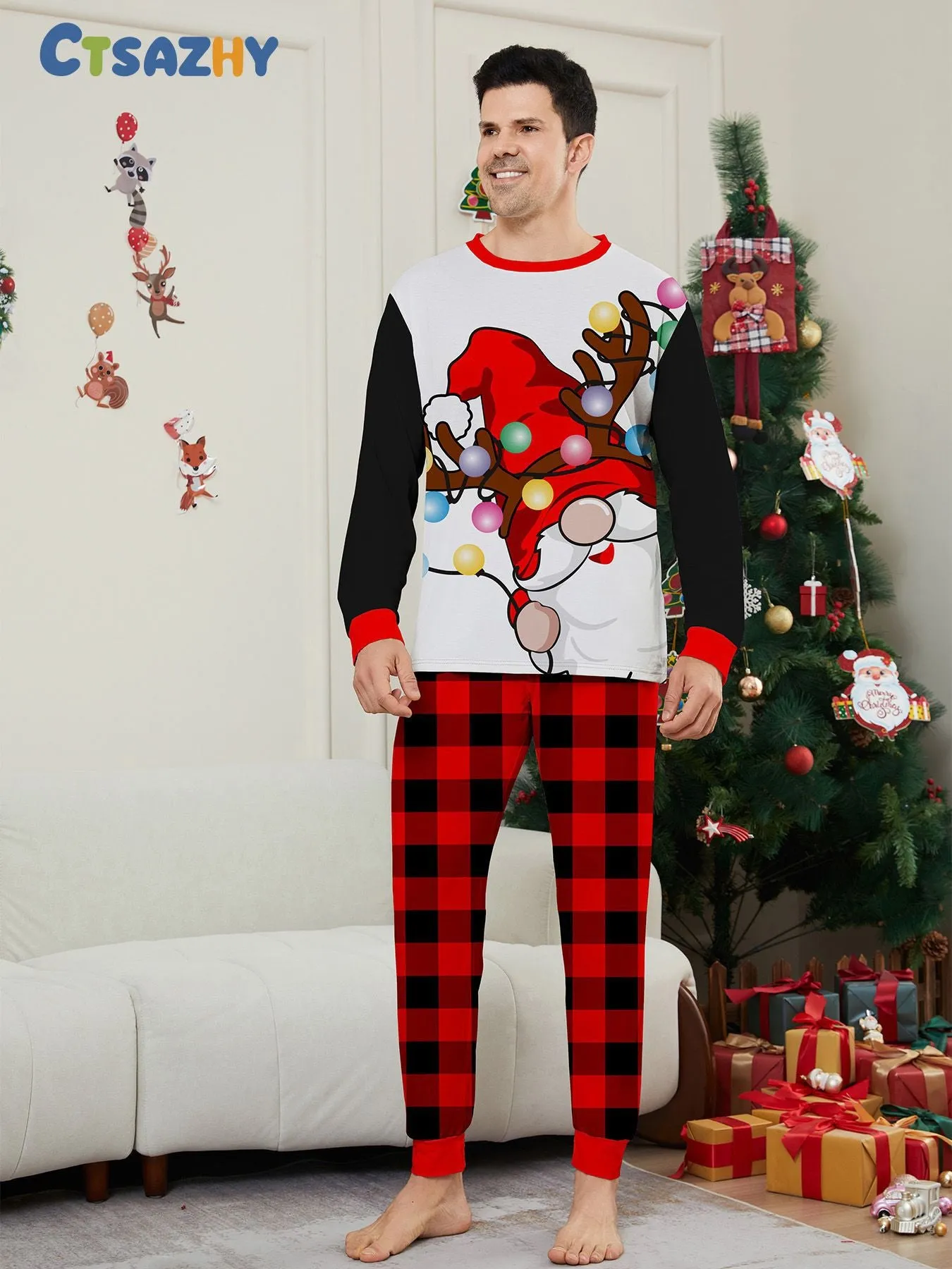 Colorful Lights White Bearded Santa Family Pajama Set