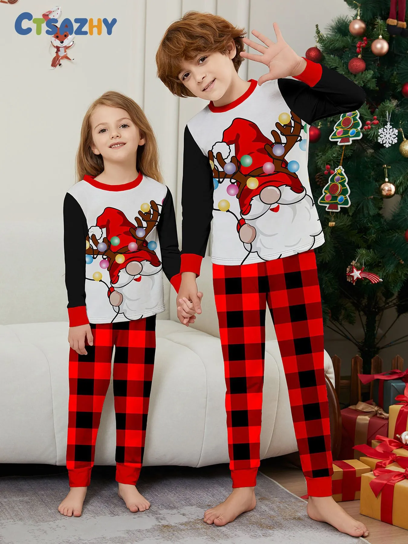 Colorful Lights White Bearded Santa Family Pajama Set