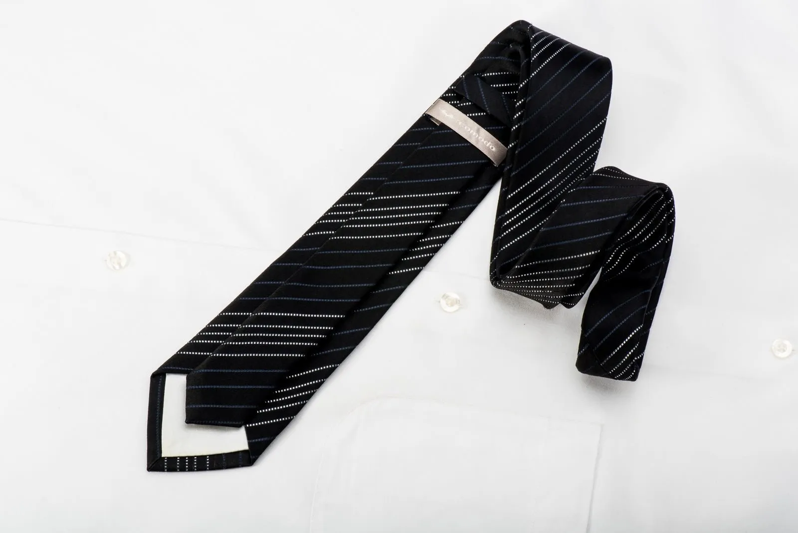 Comodo Mens Silk Skinny Tie Silver Stripes On Black