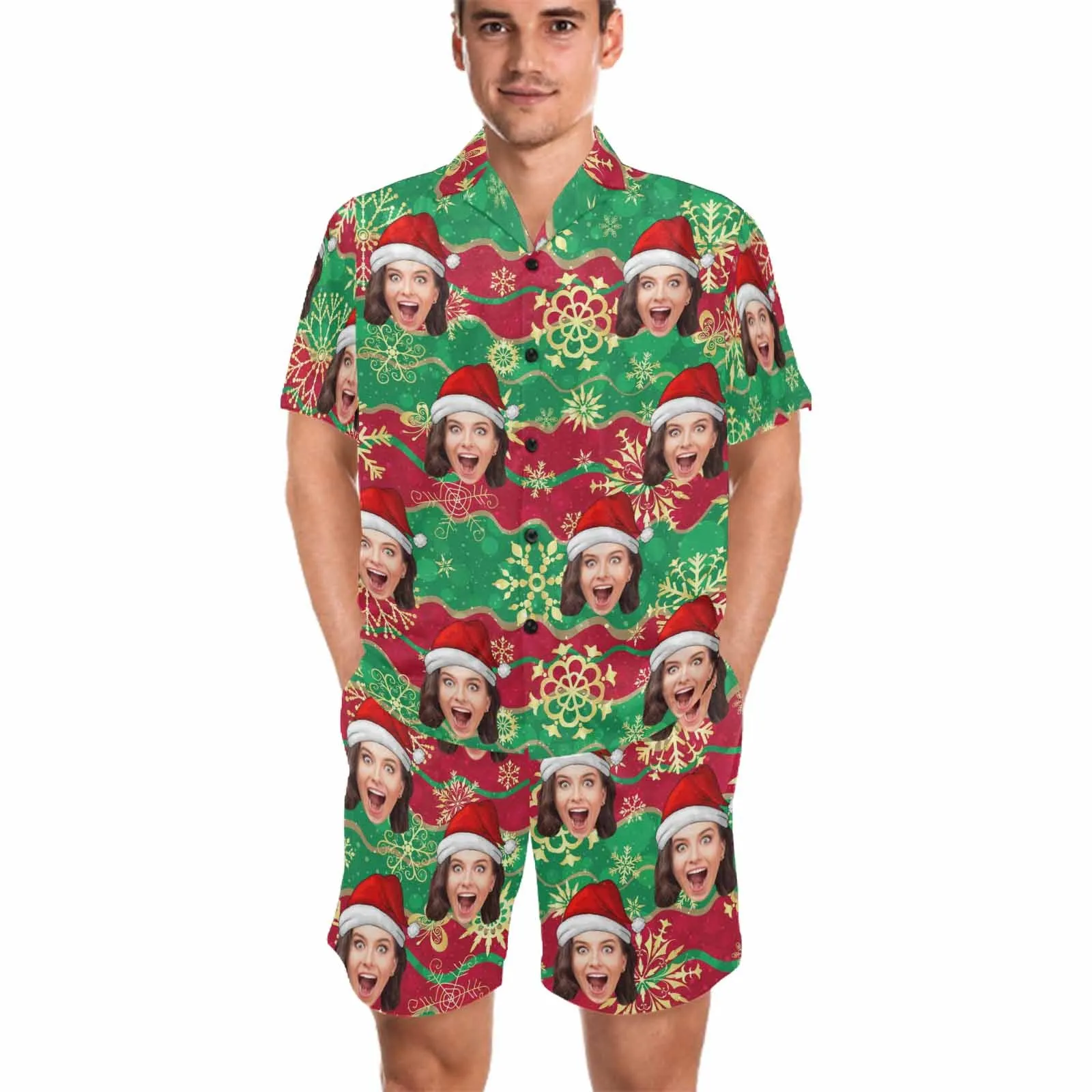 Couple Matching V-Neck Short Pajamas Custom Face Christmas Pajama Sets Sleepwear Loungewear