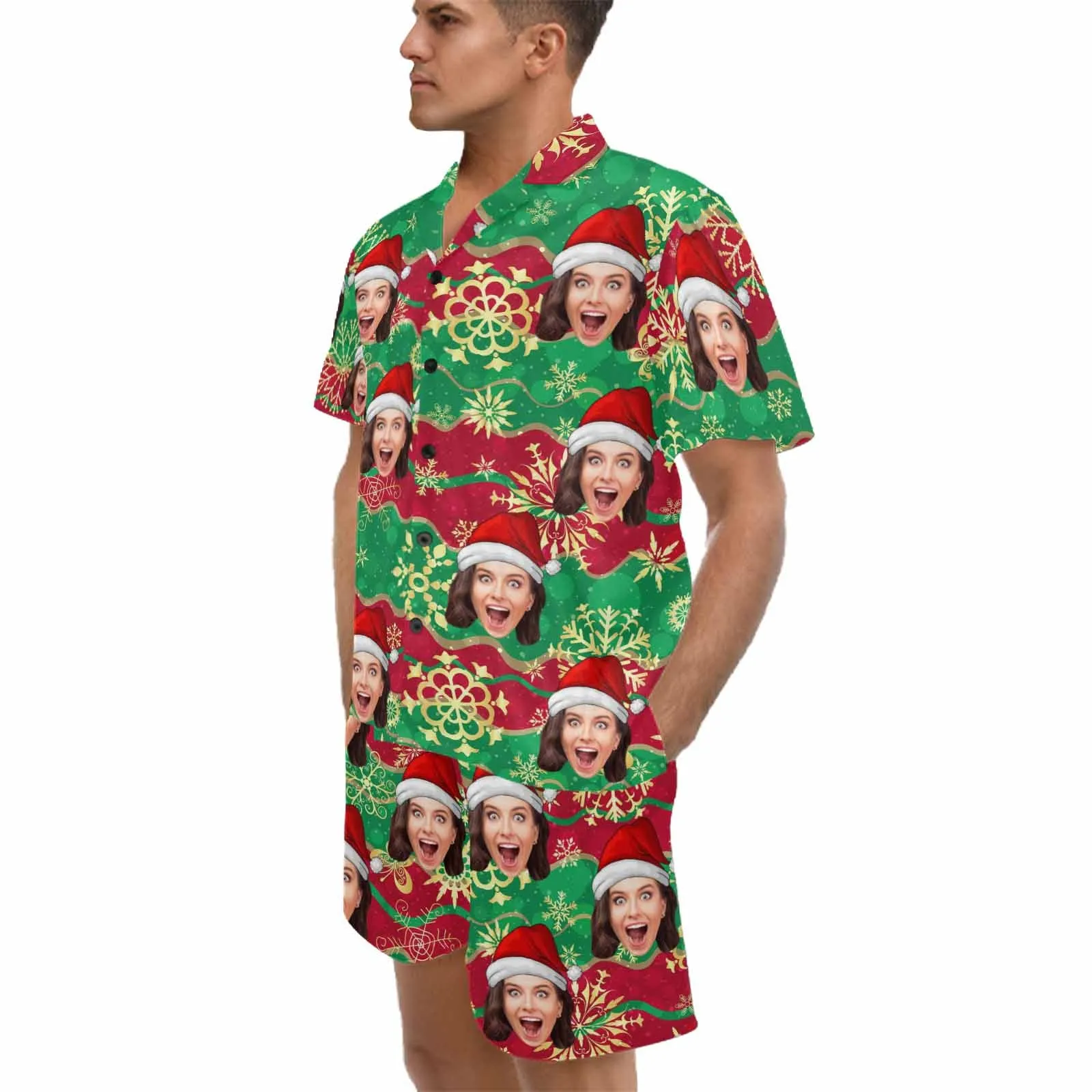 Couple Matching V-Neck Short Pajamas Custom Face Christmas Pajama Sets Sleepwear Loungewear