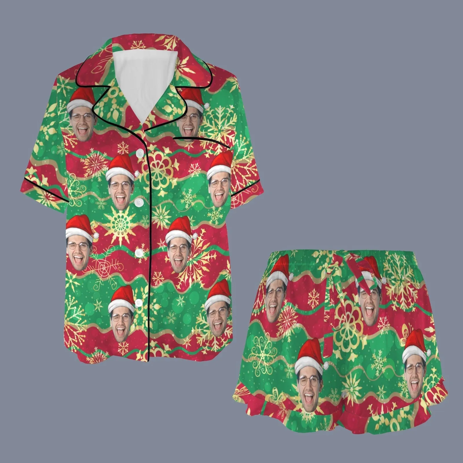 Couple Matching V-Neck Short Pajamas Custom Face Christmas Pajama Sets Sleepwear Loungewear