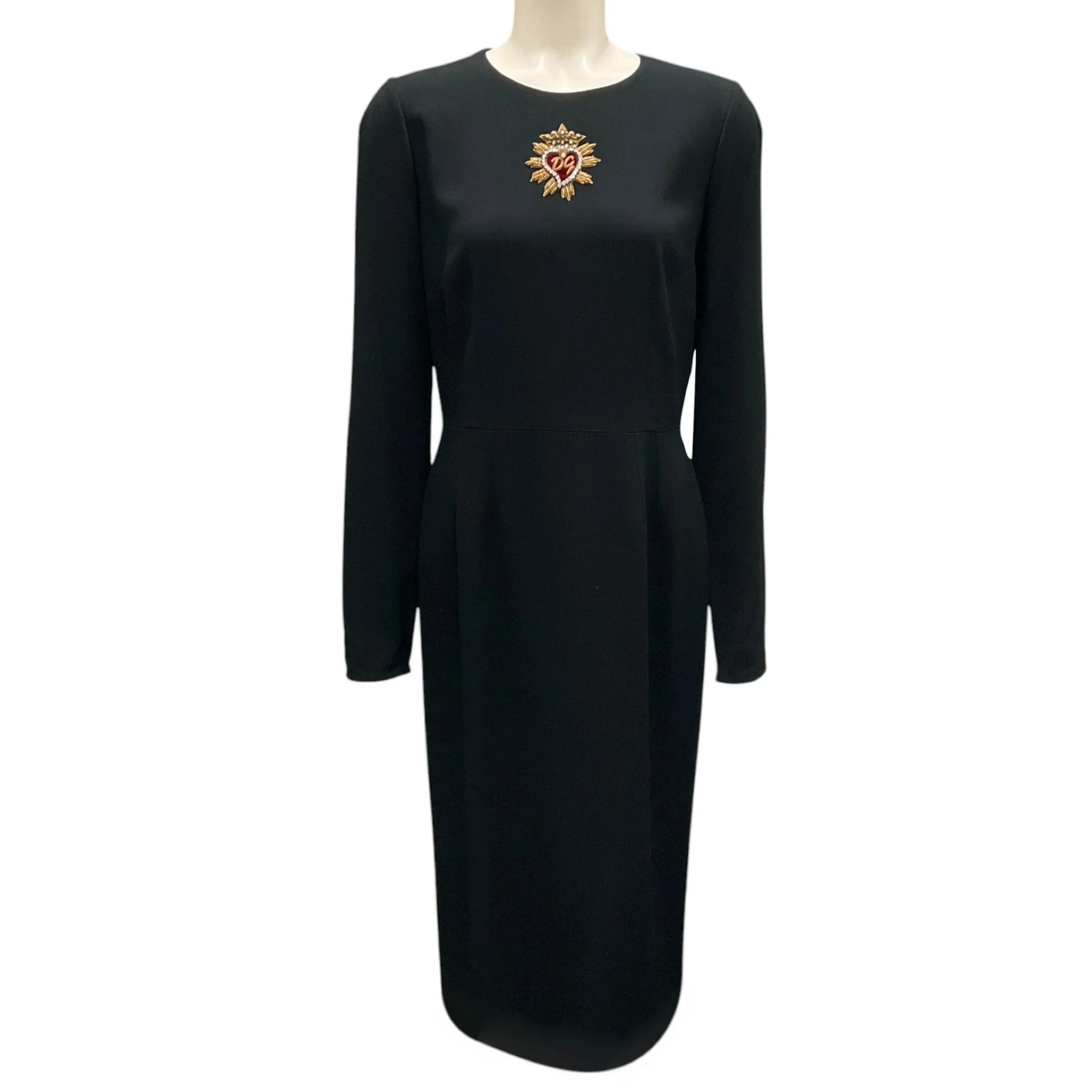 Dolce & Gabbana Black Heart Logo Patch Long Sleeved Crepe Midi Dress