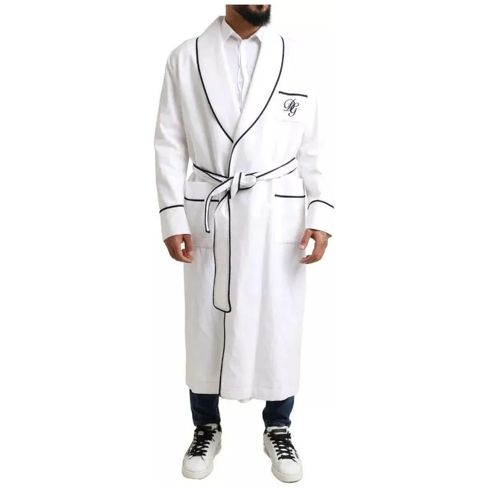 Dolce & Gabbana White Linen Belted Robe DG Logo Sleepwear