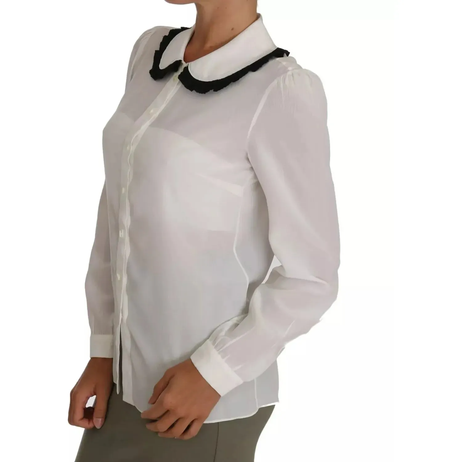 Dolce & Gabbana White Silk Shirt Ruffle Rouded Collar Blouse