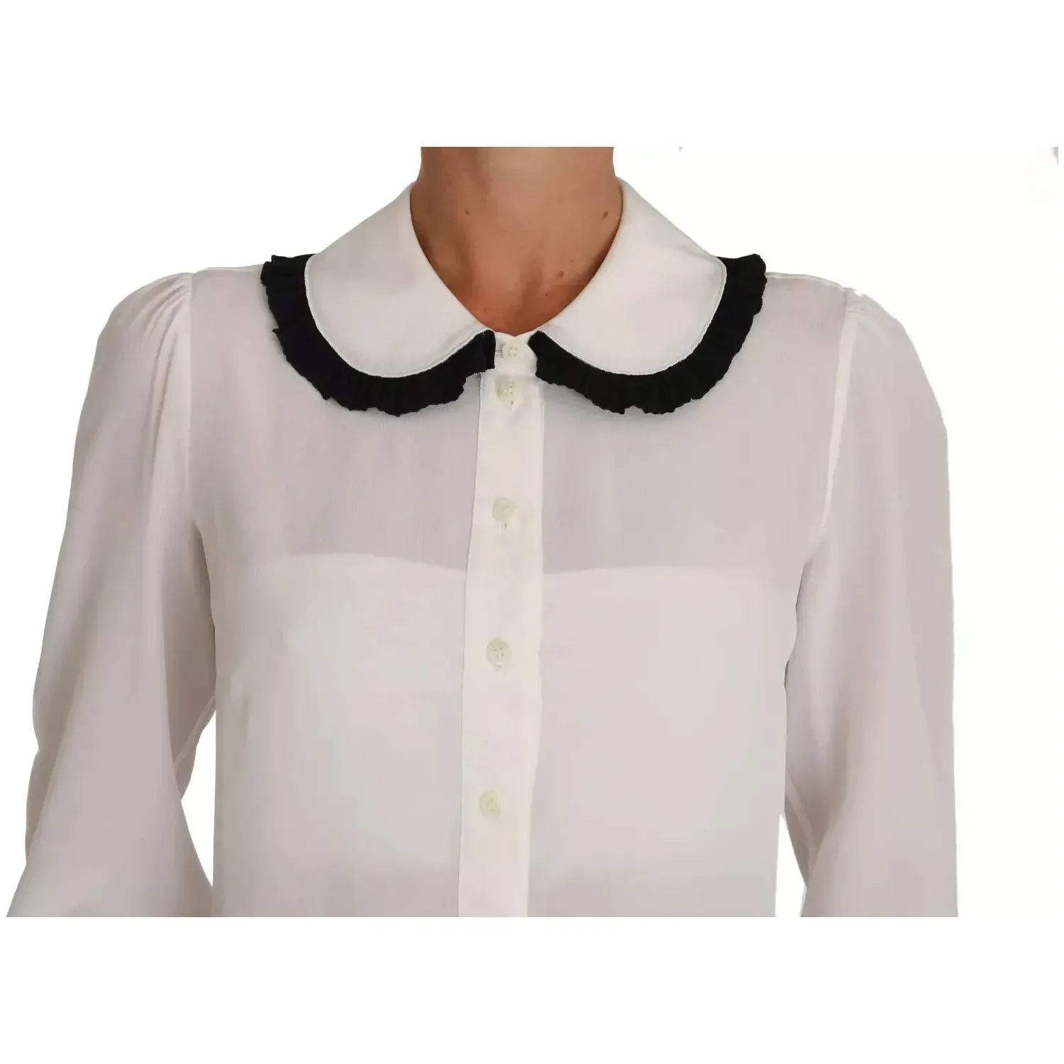 Dolce & Gabbana White Silk Shirt Ruffle Rouded Collar Blouse