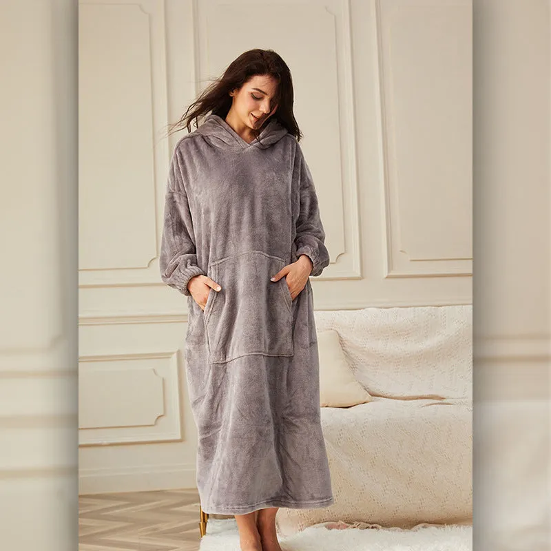 Flannel Warm Soft Ladies Hooded Long Robe Bathrobe with Pocket