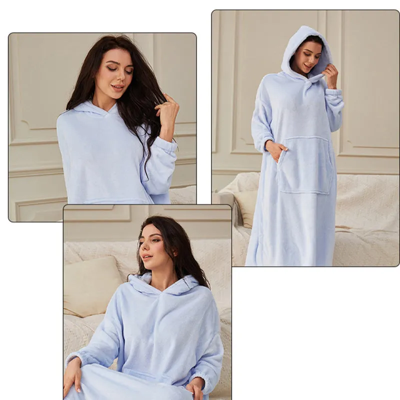 Flannel Warm Soft Ladies Hooded Long Robe Bathrobe with Pocket