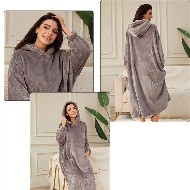 Flannel Warm Soft Ladies Hooded Long Robe Bathrobe with Pocket