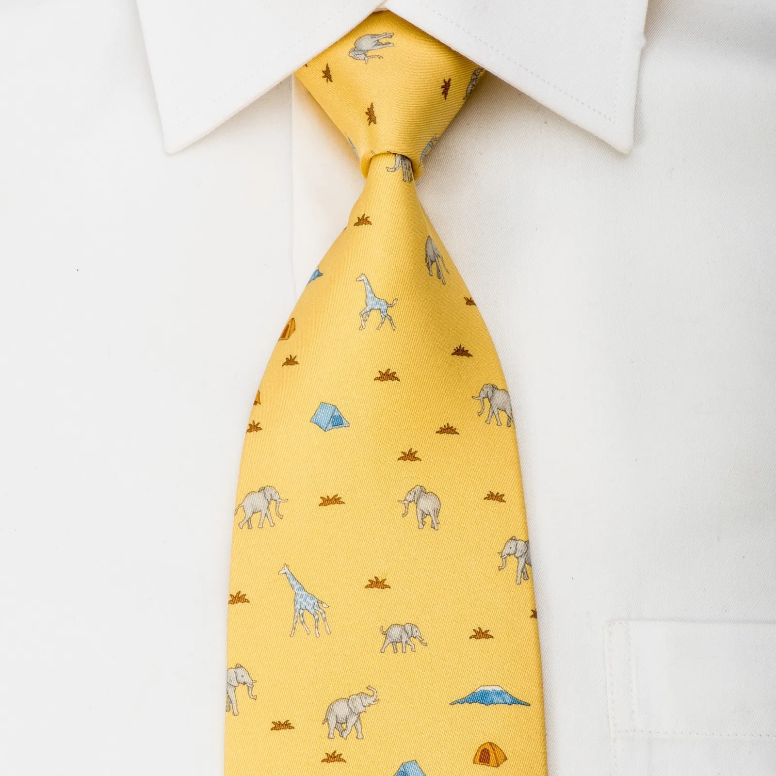 Hunting World Men's Silk Tie Printed Elephants & Giraffes On Yellow