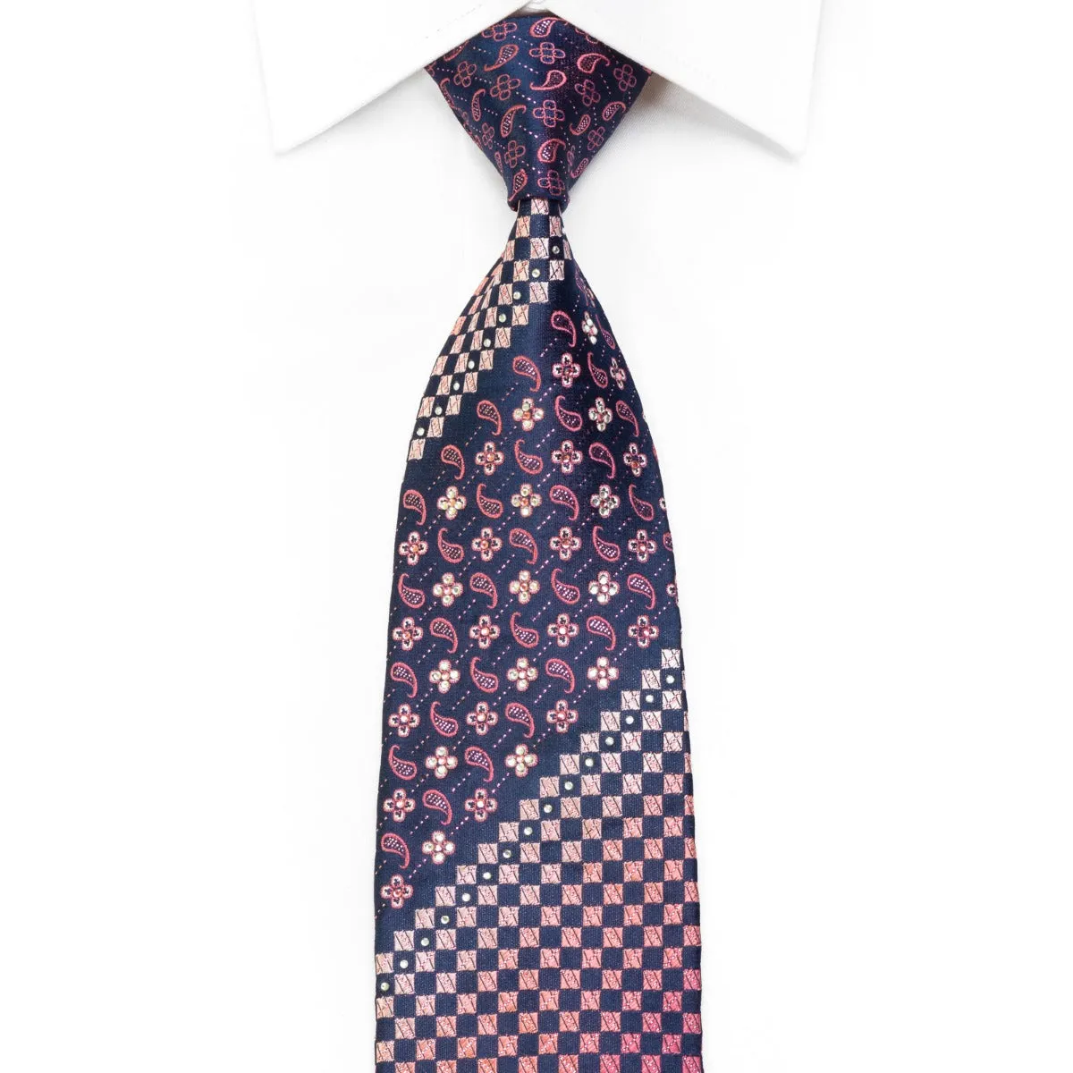 Indian Homme Men's Rhinestone Silk Necktie Pink Paisley & Checker On Navy With Purple Sparkles