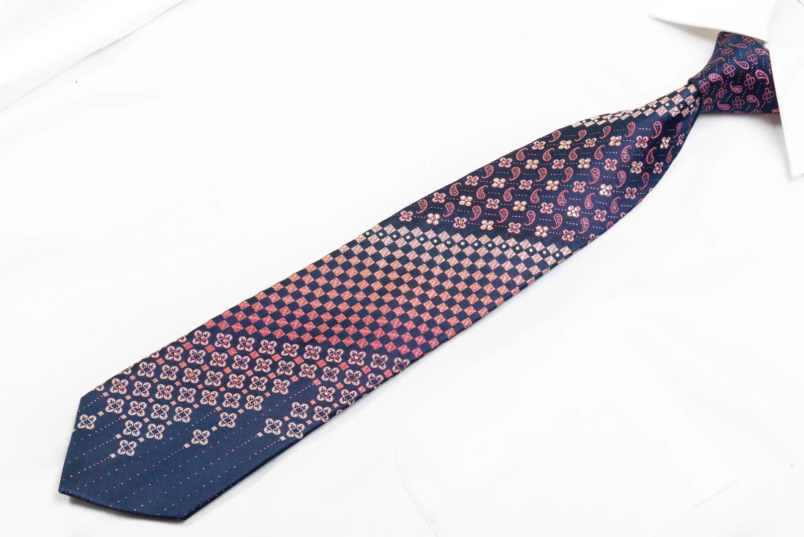 Indian Homme Men's Rhinestone Silk Necktie Pink Paisley & Checker On Navy With Purple Sparkles