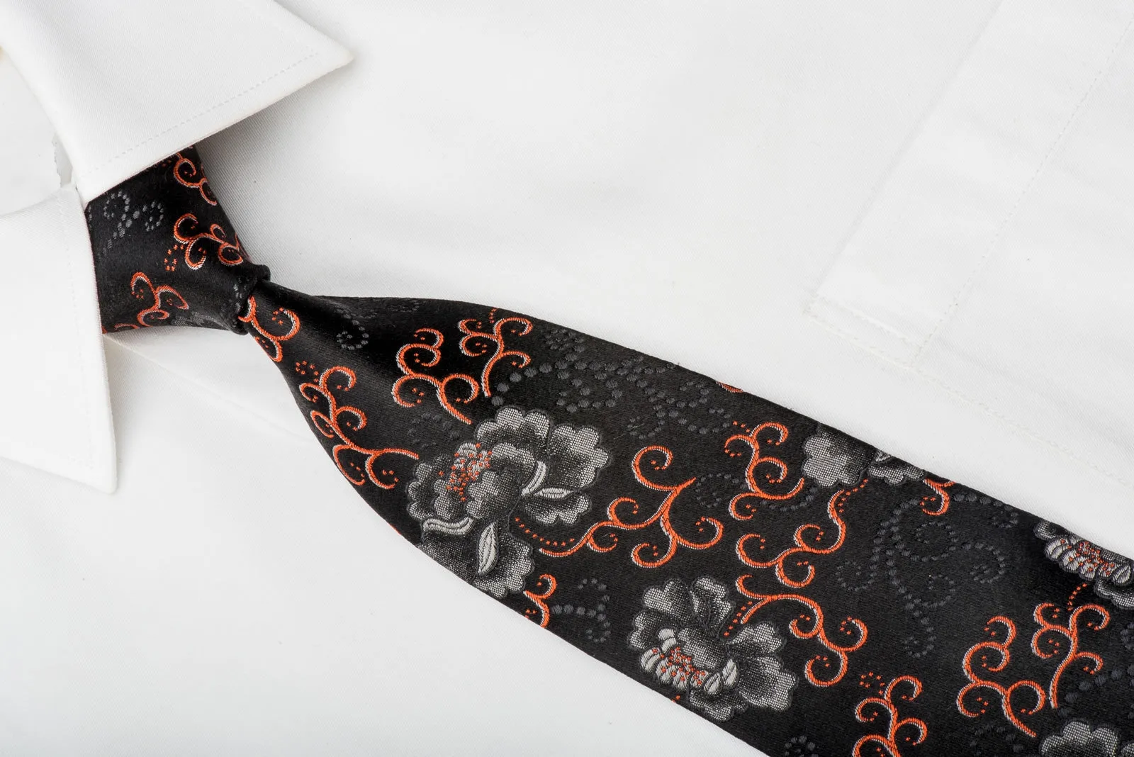 Kenzo Mens Woven Silk Tie Silver Orange Floral On Black