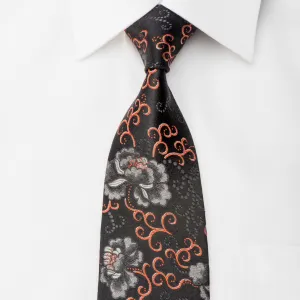 Kenzo Mens Woven Silk Tie Silver Orange Floral On Black