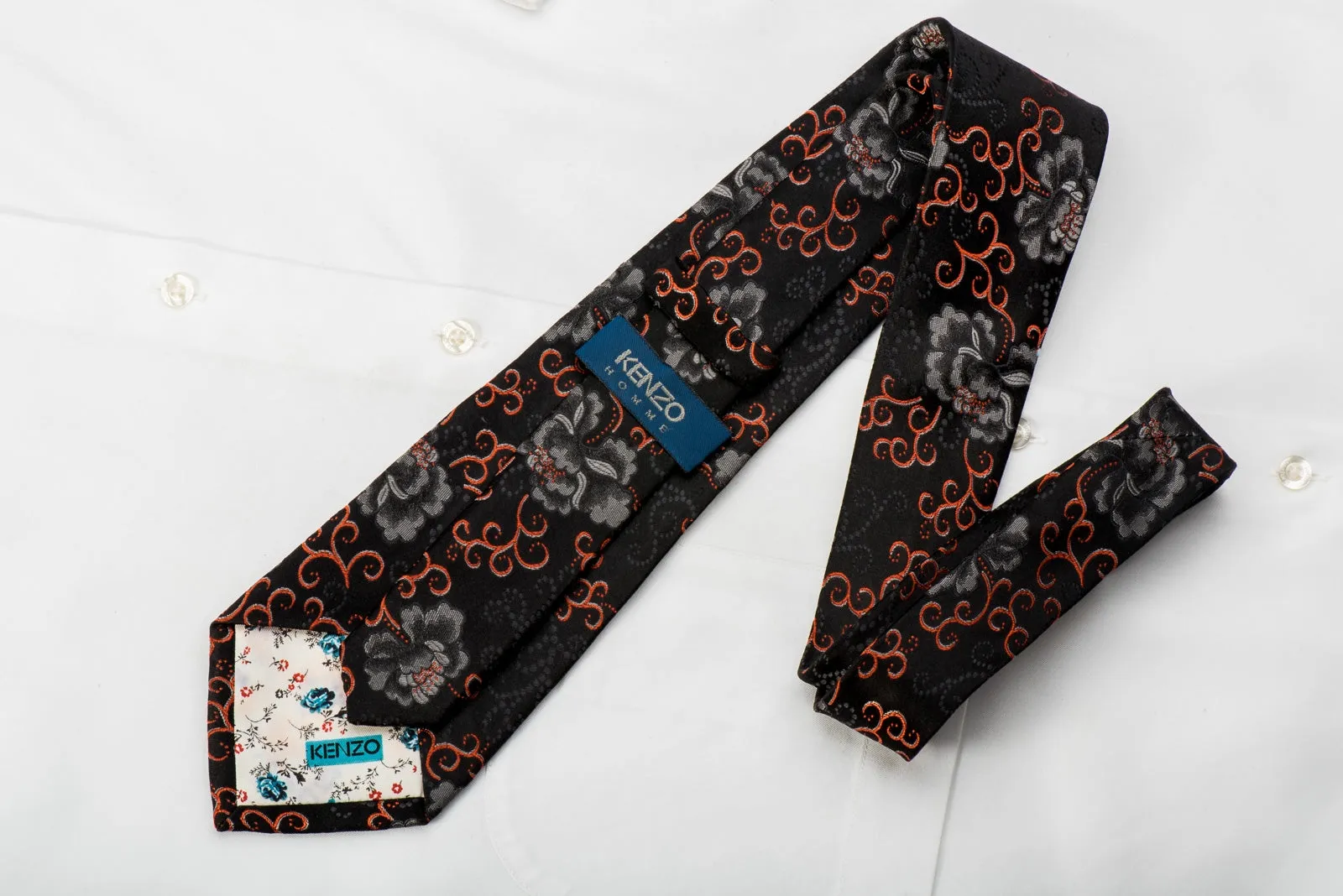 Kenzo Mens Woven Silk Tie Silver Orange Floral On Black