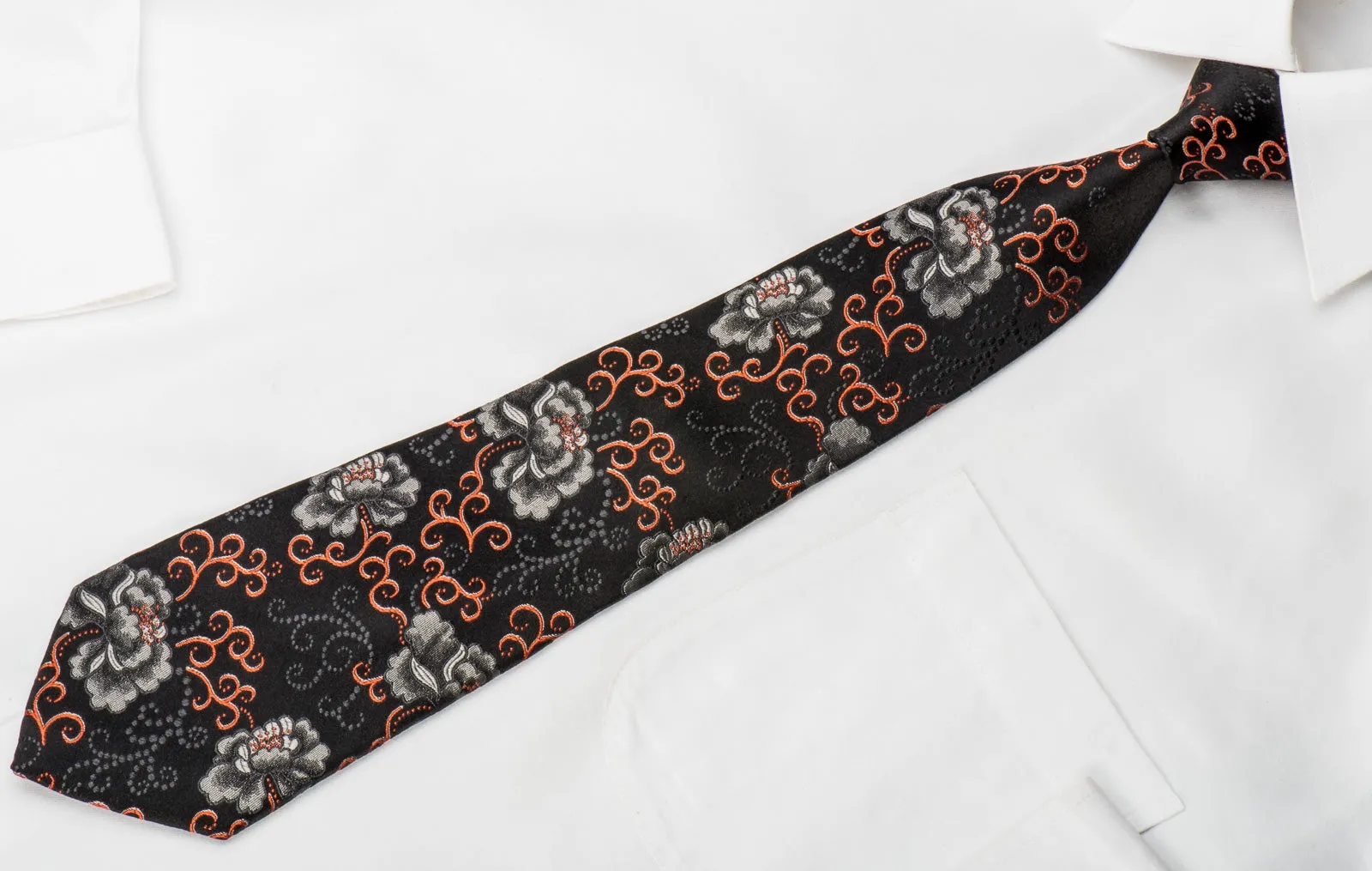 Kenzo Mens Woven Silk Tie Silver Orange Floral On Black