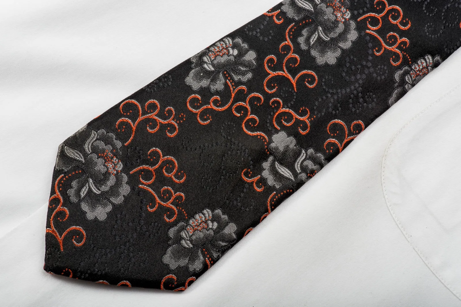 Kenzo Mens Woven Silk Tie Silver Orange Floral On Black