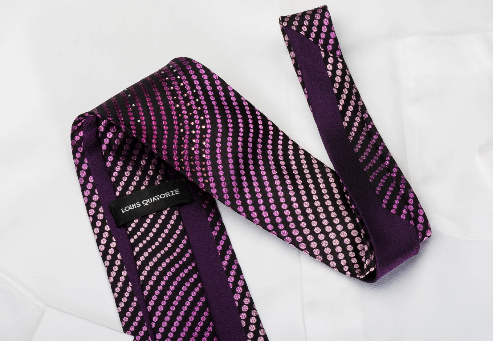 Louis Quatorze Silk Necktie Dots On Purple Sparkling With Crystal Rhinestones