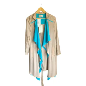 Lungta De Fancy Silk Taupe And Turquoise Long Sleeved Coat UK Size 8