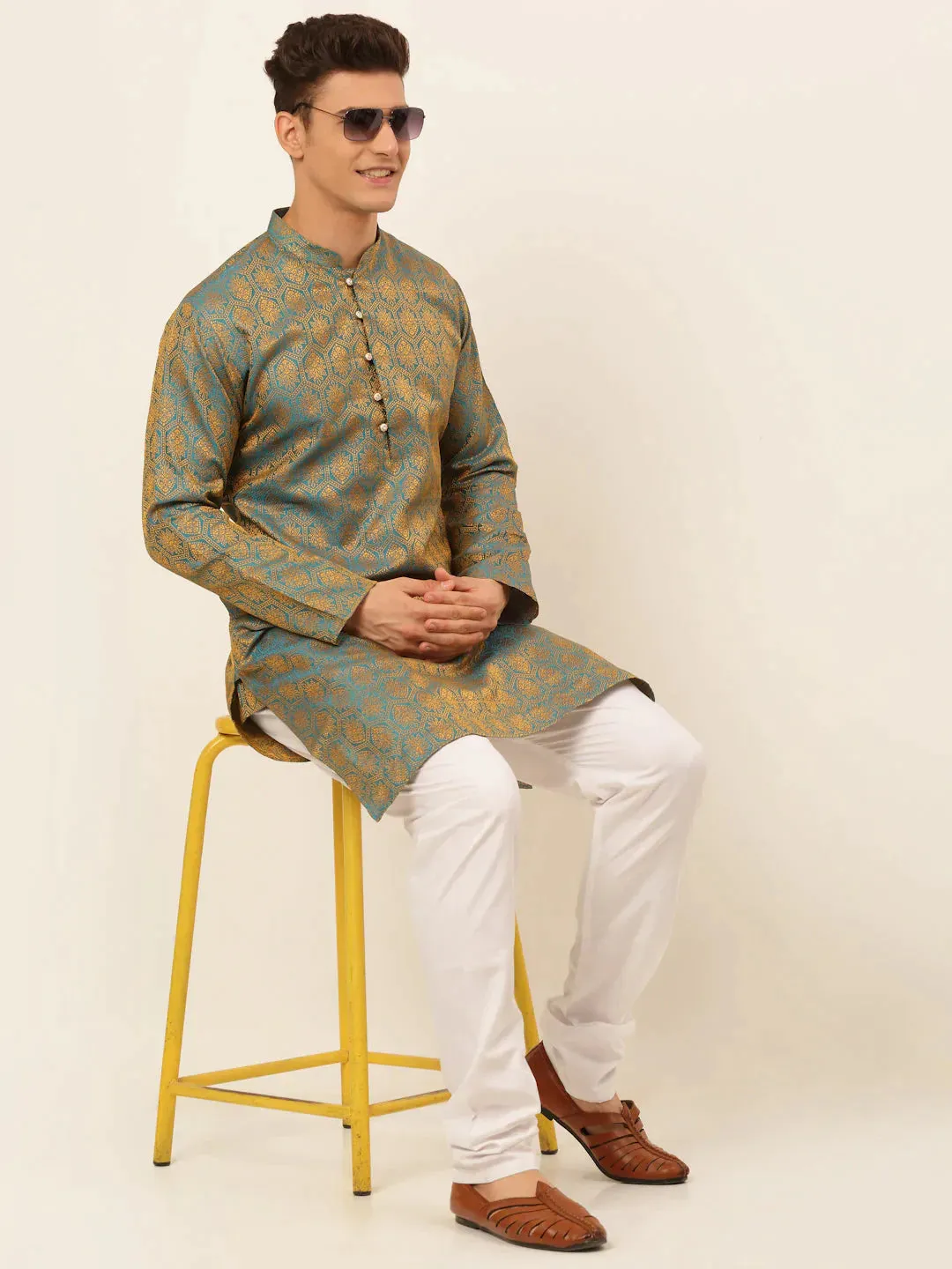 Men'S Blue And Golden Woven Design Kurta Pajama