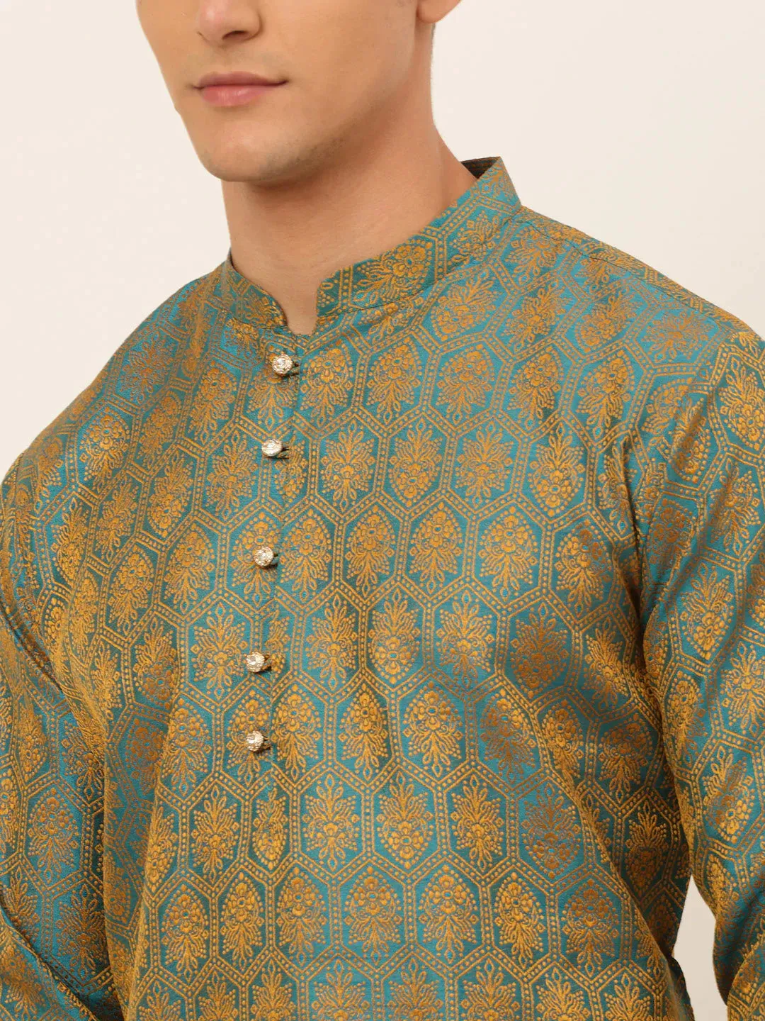 Men'S Blue And Golden Woven Design Kurta Pajama