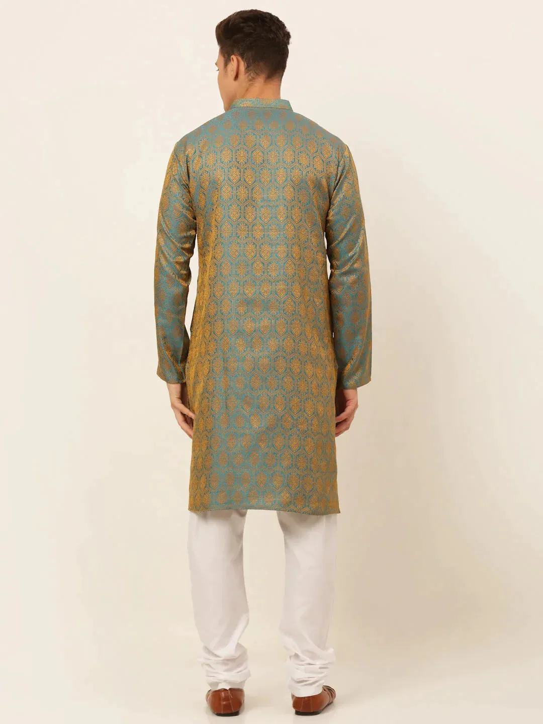 Men'S Blue And Golden Woven Design Kurta Pajama