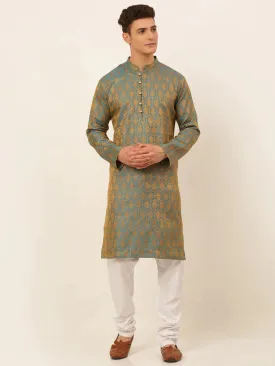 Men'S Blue And Golden Woven Design Kurta Pajama