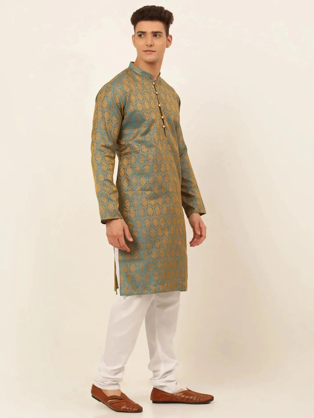 Men'S Blue And Golden Woven Design Kurta Pajama