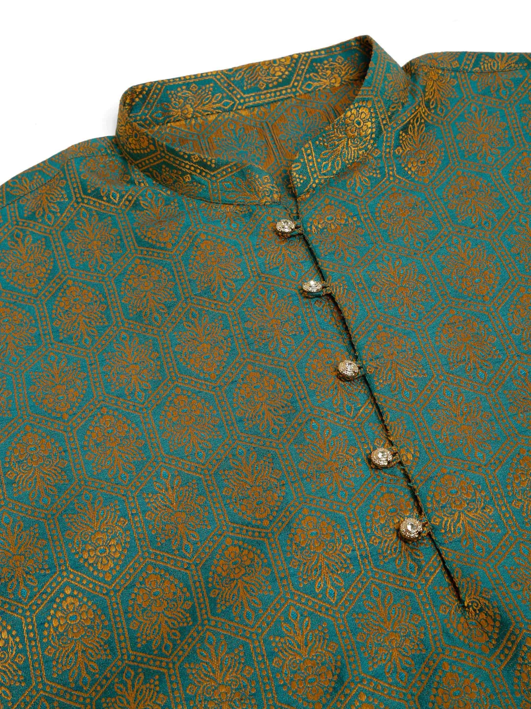 Men'S Blue And Golden Woven Design Kurta Pajama