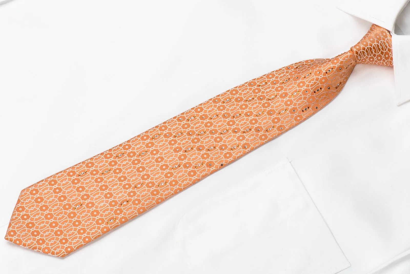 Perry Ellis Men's Crystal Silk Necktie Interlocking Geometric On Orange With Silver Sparkles