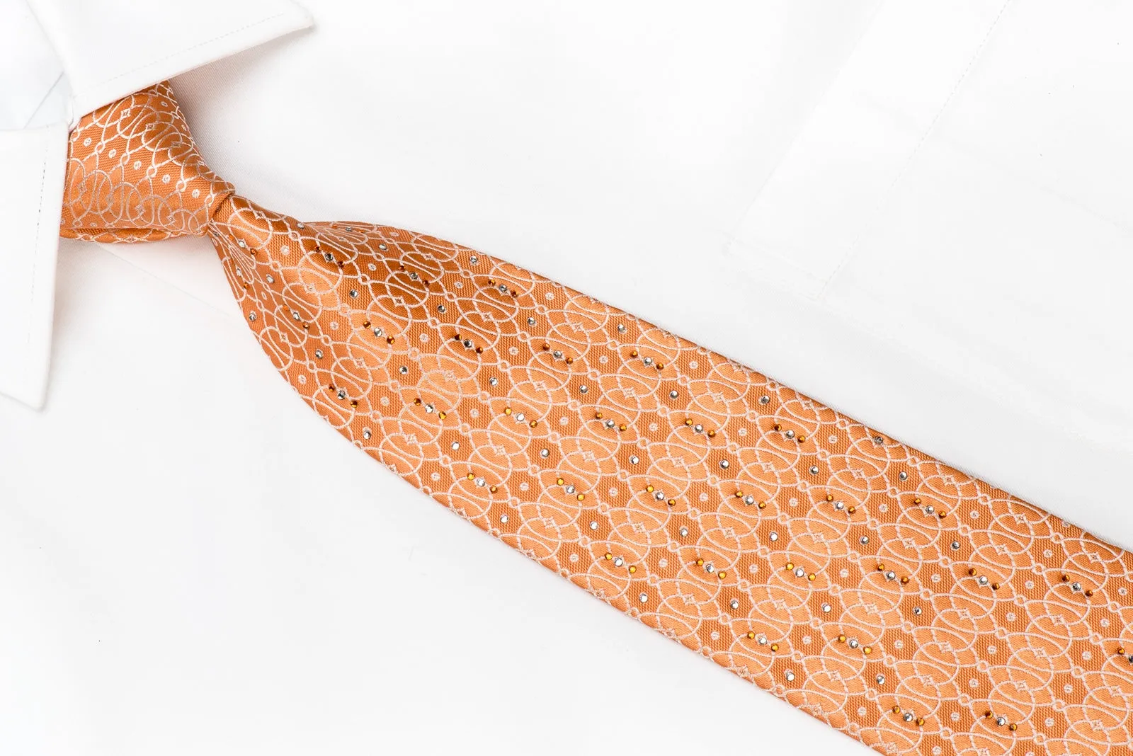 Perry Ellis Men's Crystal Silk Necktie Interlocking Geometric On Orange With Silver Sparkles