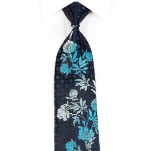 Perry Ellis Men's Silk Necktie Blue Floral On Black With Blue Sparkles