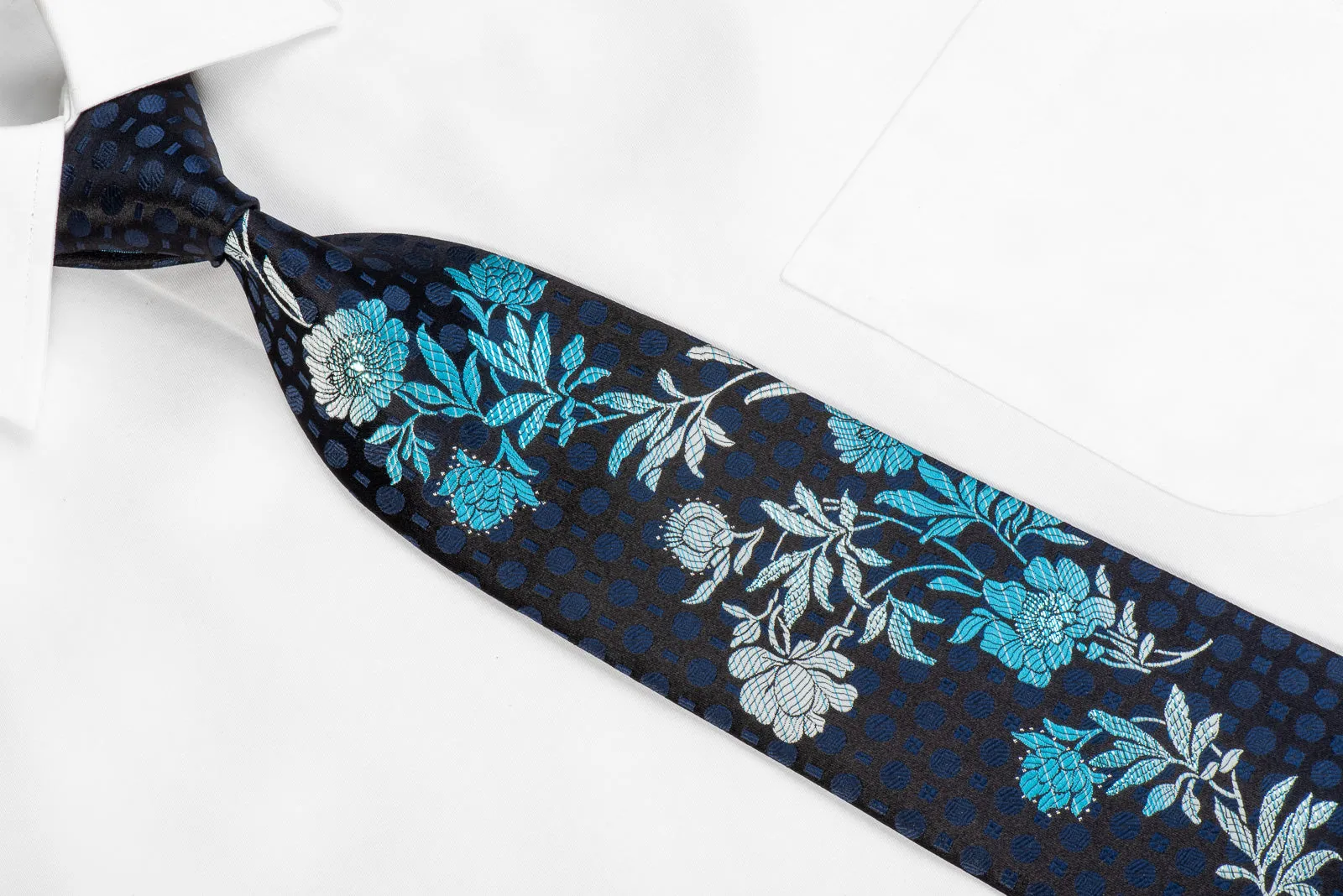 Perry Ellis Men's Silk Necktie Blue Floral On Black With Blue Sparkles