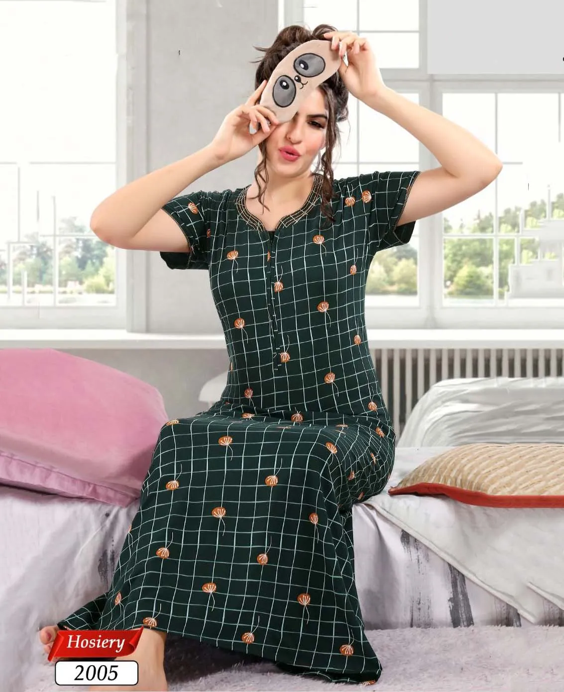 Printed Green Cotton Maxi Night Dress Nighty for Ladies