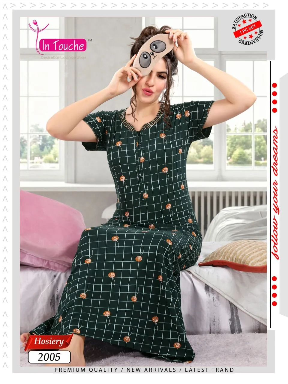 Printed Green Cotton Maxi Night Dress Nighty for Ladies